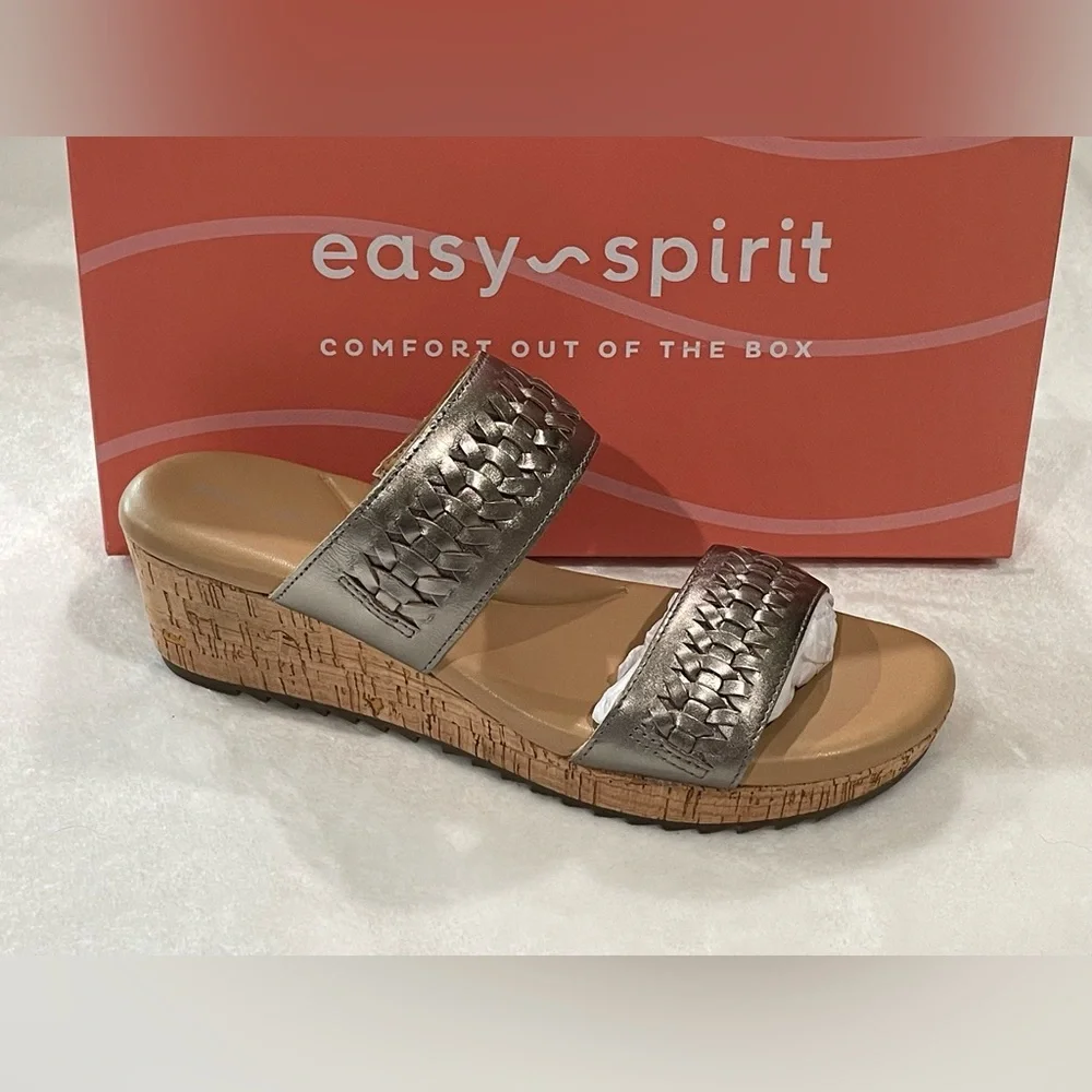 Easy Spirit Lillia Gold/Silver Pewter Weave Strap Cork Wedge Sandals Sz 6.5 BNWB - Picture 5 of 7